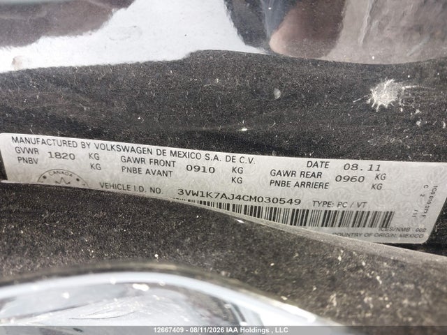12667409 :رقم المزاد ، 3VW1K7AJ4CM030549 vin ، 2012 Volkswagen Jetta مزاد بيع