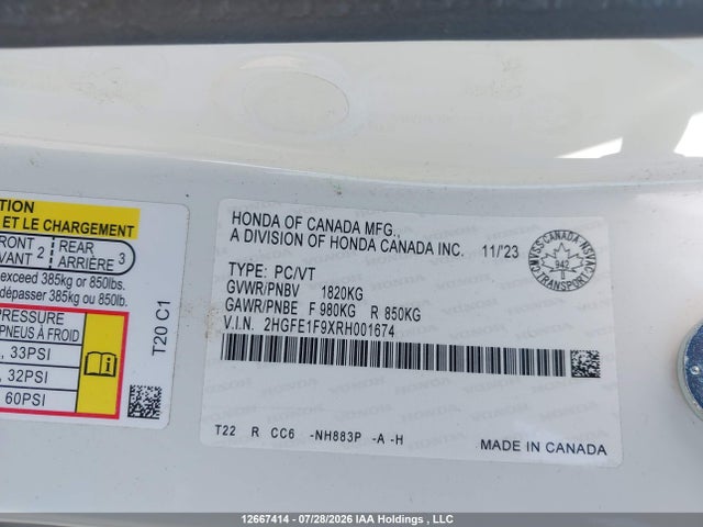 2HGFE1F9XRH001674 Honda Civic Touring