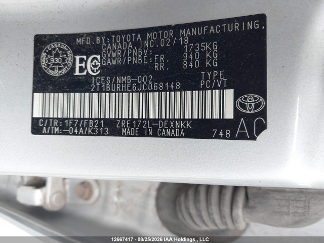 2018 Toyota Corolla Le მანქანა იყიდება აუქციონზე, vin: 2T1BURHE6JC068148, აუქციონის ნომერი: 12667417
