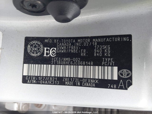 2018 Toyota Corolla Le მანქანა იყიდება აუქციონზე, vin: 2T1BURHE6JC068148, აუქციონის ნომერი: 12667417
