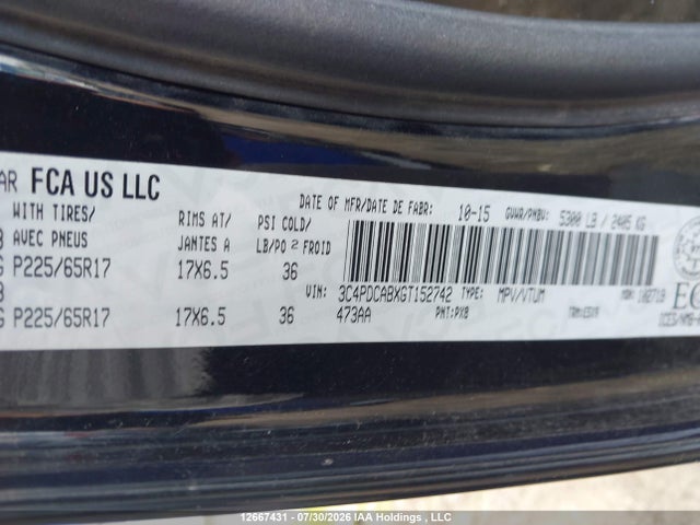 12667431 :رقم المزاد ، 3C4PDCABXGT152742 vin ، 2016 Dodge Journey Cvp/se Plus مزاد بيع