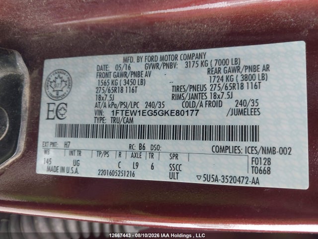 Ford F150 Supercrew 2016 1FTEW1EG5GKE80177 Image 9