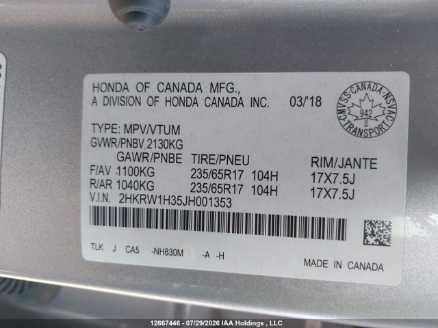 Продажа на аукционе авто 2018 Honda Cr-v Lx, vin: 2HKRW1H35JH001353, номер лота: 12667446