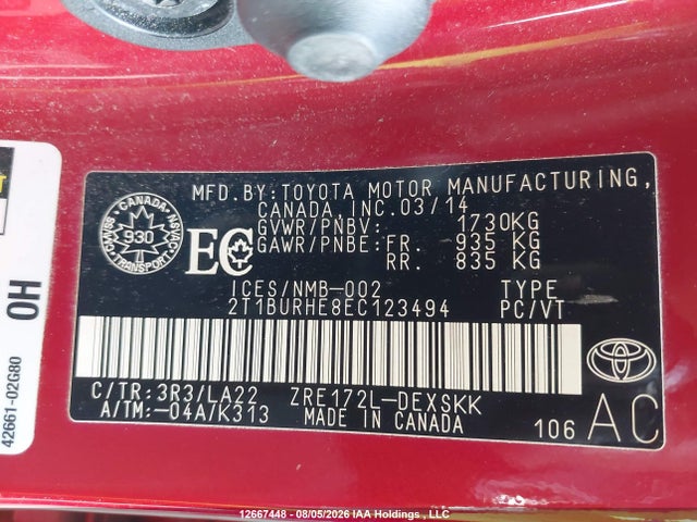 2T1BURHE8EC123494 Toyota Corolla L/le/le Pls/prm/s/s Pls