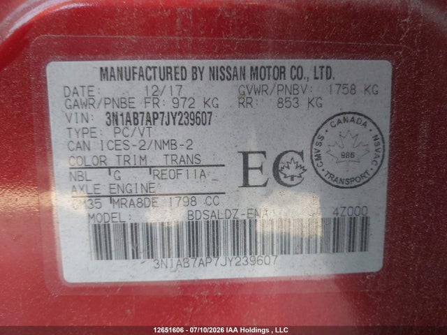 2018 Nissan Sentra 1.8 S/1.8 Sv/1.8 Sv Midnight Edition მანქანა იყიდება აუქციონზე, vin: 3N1AB7AP7JY239607, აუქციონის ნომერი: 12651606