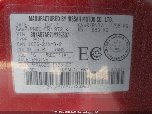 2018 Nissan Sentra 1.8 S/1.8 Sv/1.8 Sv Midnight Edition მანქანა იყიდება აუქციონზე, vin: 3N1AB7AP7JY239607, აუქციონის ნომერი: 12651606