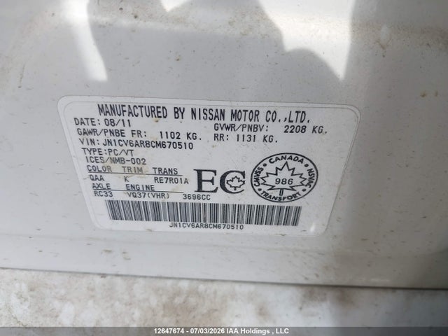 Aukcja sprzedaży 2012 Infiniti G37x, vin: JN1CV6AR8CM670510, numer aukcji: 12647674