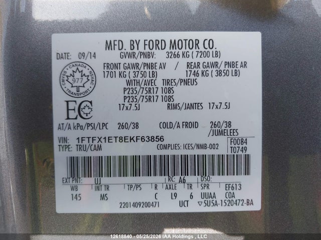 Продажа на аукционе авто 2014 Ford F-150 Xlt, vin: 1FTFX1ET8EKF63856, номер лота: 12618840