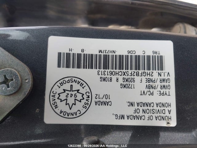 2012 Honda Civic Ex 4dr მანქანა იყიდება აუქციონზე, vin: 2HGFB2F5XCH061313, აუქციონის ნომერი: 12622398