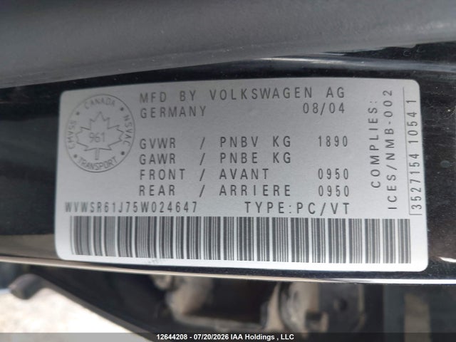 12644208 :رقم المزاد ، WVWSR61J75W024647 vin ، 2005 Volkswagen Jetta Gls Tdi مزاد بيع