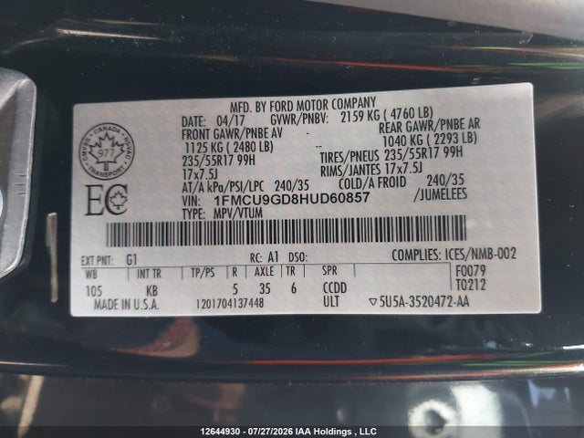 Ford ESCAPE SE 2017 1FMCU9GD8HUD60857 Image 9