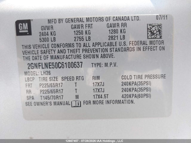 2012 Chevrolet Equinox Lt W/2lt მანქანა იყიდება აუქციონზე, vin: 2GNFLNE50C6100637, აუქციონის ნომერი: 12667457