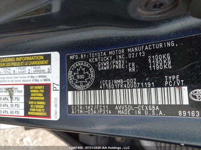 Aukcja sprzedaży 2013 Toyota Camry Hybrid/le/xle, vin: 4T1BD1FK4DU071191, numer aukcji: 12667458