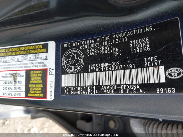 Aukcja sprzedaży 2013 Toyota Camry Hybrid/le/xle, vin: 4T1BD1FK4DU071191, numer aukcji: 12667458