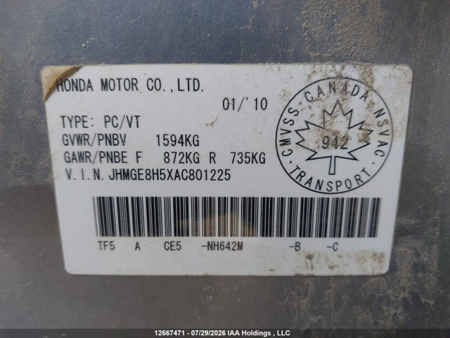 12667471 :رقم المزاد ، JHMGE8H5XAC801225 vin ، 2010 Honda Fit Lx مزاد بيع