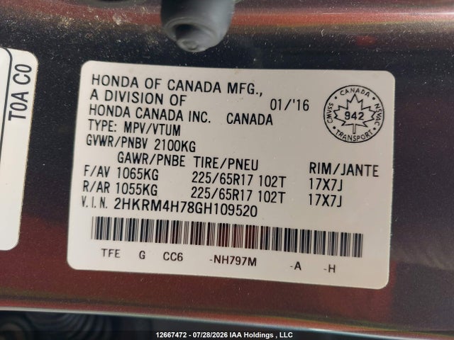 12667472 :رقم المزاد ، 2HKRM4H78GH109520 vin ، 2016 Honda Cr-v Exl مزاد بيع