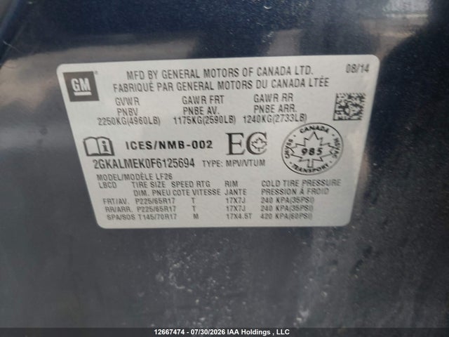 GMC Terrain Sle-1 2015 2GKALMEK0F6125694 Image 9