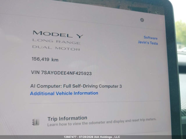 7SAYGDEE4NF425923 Tesla Model Y Long Range