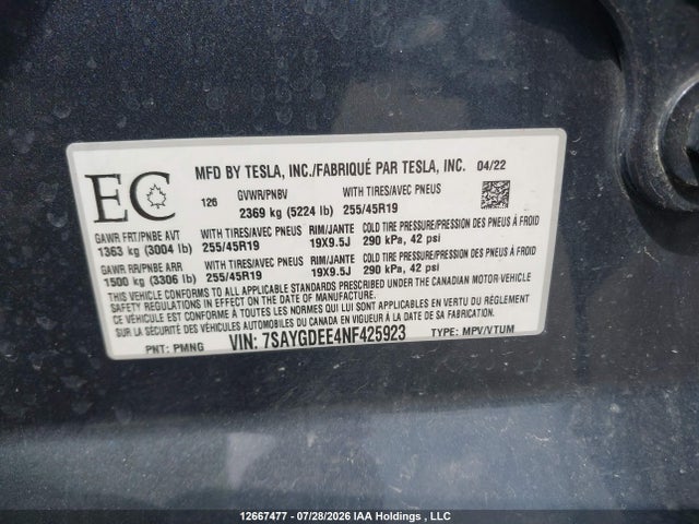 7SAYGDEE4NF425923 Tesla Model Y Long Range