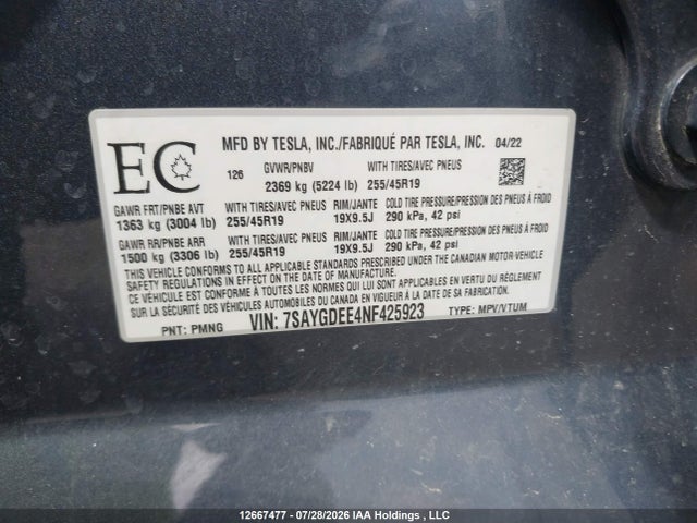7SAYGDEE4NF425923 Tesla Model Y Long Range