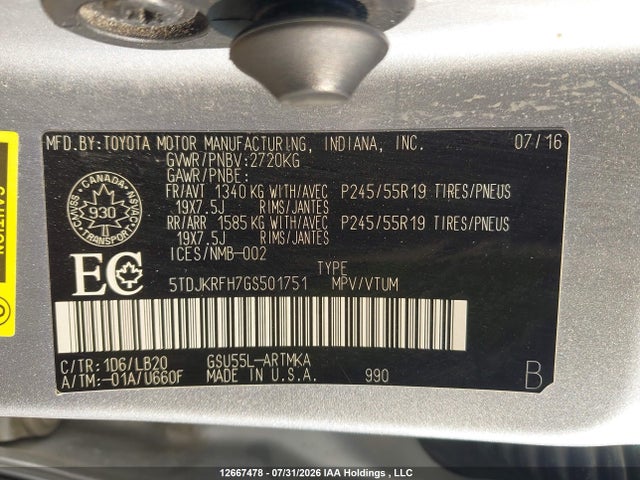Toyota Highlander Xle 2016 5TDJKRFH7GS501751 Image 19