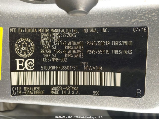 Toyota Highlander Xle 2016 5TDJKRFH7GS501751 Image 9