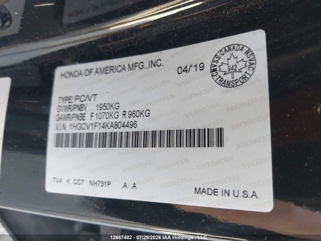 Honda ACCORD LX 2019 1HGCV1F14KA804496 Image 9