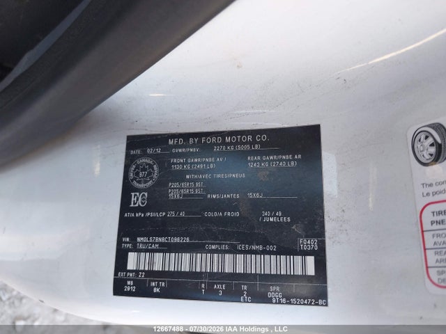 2012 Ford Transit Connect Xlt მანქანა იყიდება აუქციონზე, vin: NM0LS7BN8CT096226, აუქციონის ნომერი: 12667488