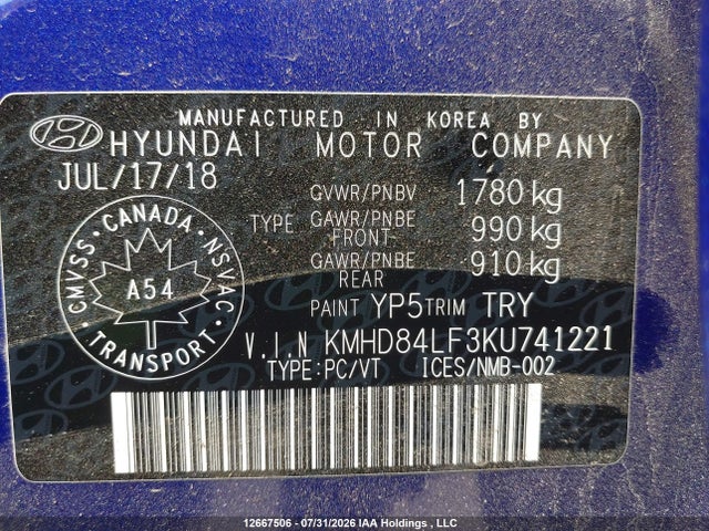 Продаж на аукціоні авто 2019 Hyundai Elantra Preferred, vin: KMHD84LF3KU741221, номер лоту: 12667506