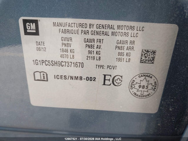 Aukcja sprzedaży 2012 Chevrolet Cruze Ls, vin: 1G1PC5SH9C7371670, numer aukcji: 12667521
