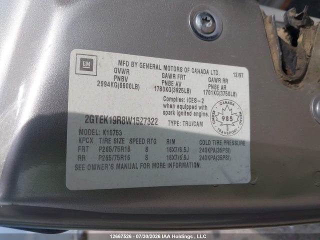 Auction sale of the 1998 Gmc Sierra 1500 Sierra Sl, vin: 2GTEK19R8W1527322, lot number: 12667526
