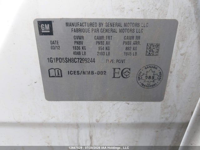 Aukcja sprzedaży 2012 Chevrolet Cruze Ls, vin: 1G1PD5SH8C7299244, numer aukcji: 12667529