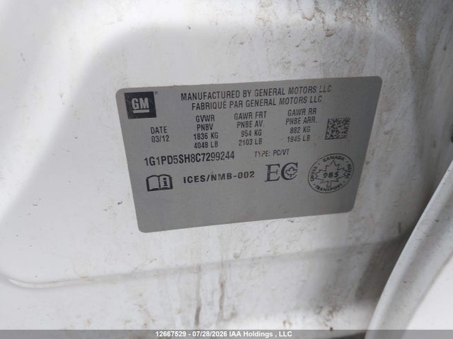 Aukcja sprzedaży 2012 Chevrolet Cruze Ls, vin: 1G1PD5SH8C7299244, numer aukcji: 12667529