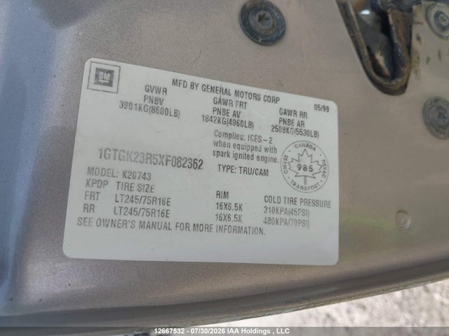 12667532 :رقم المزاد ، 1GTGK23R5XF082362 vin ، 1999 Gmc K2500 Sl/sle مزاد بيع