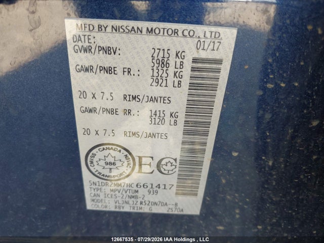 5N1DR2MM7HC661417 Nissan Pathfinder S/sv/sl/platinum
