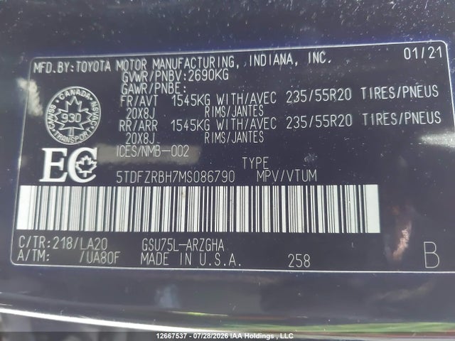 5TDFZRBH7MS086790 Toyota Highlander Platinum