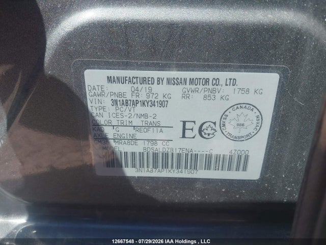 3N1AB7AP1KY341907 Nissan Sentra 1.8 S/1.8 Sv