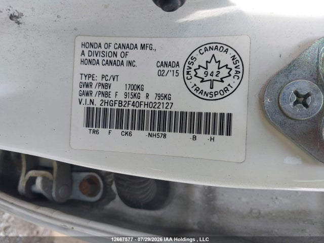 Honda Civic Lx 2015 2HGFB2F40FH022127 Image 9