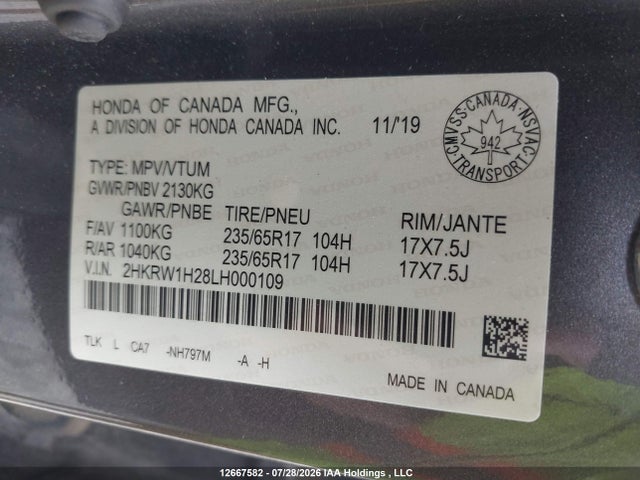 12667582 :رقم المزاد ، 2HKRW1H28LH000109 vin ، 2020 Honda Cr-v Lx مزاد بيع