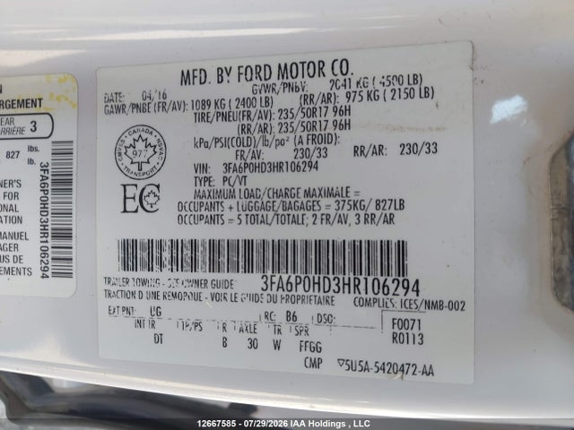 Ford FUSION SE 2017 3FA6P0HD3HR106294 Image 9