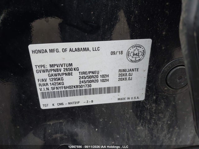 Honda Pilot Black Edition 2019 5FNYF6H02KB501730 Image 9