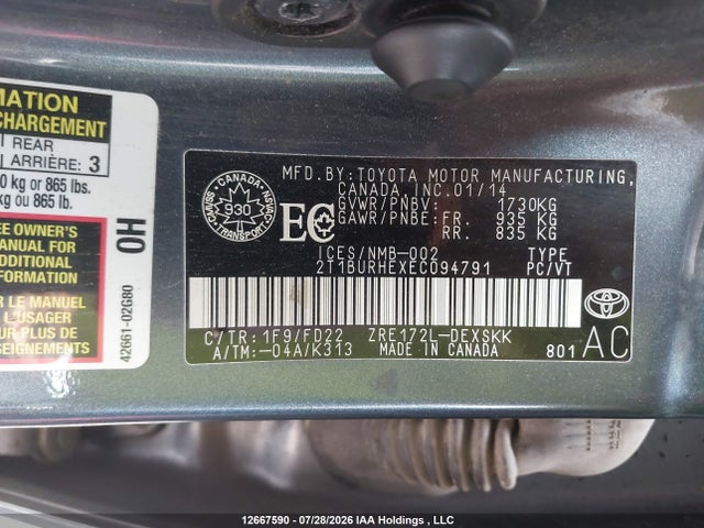 Продаж на аукціоні авто 2014 Toyota Corolla L/le/le Pls/prm/s/s Pls, vin: 2T1BURHEXEC094791, номер лоту: 12667590