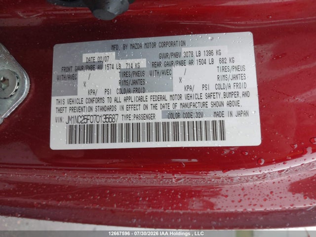 12667596 :رقم المزاد ، JM1NC25F070135687 vin ، 2007 Mazda Mx-5 Miata مزاد بيع