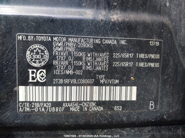 12667608 :رقم المزاد ، 2T3B1RFV9LC080607 vin ، 2020 Toyota Rav4 Le مزاد بيع