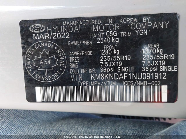 12667614 :رقم المزاد ، KM8KNDAF1NU091912 vin ، 2022 Hyundai Ioniq 5 Sel مزاد بيع