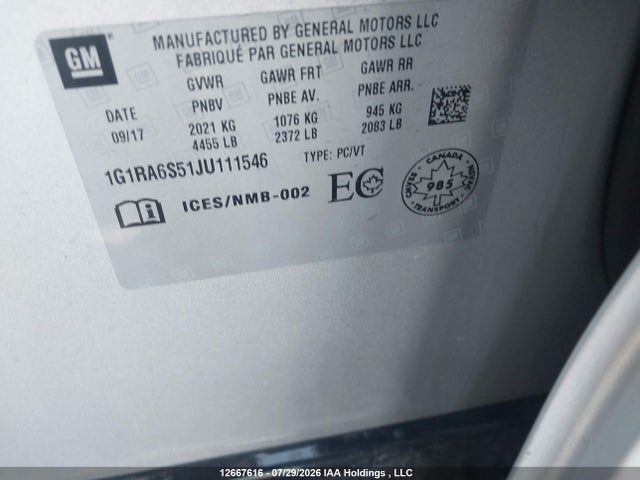 Продажа на аукционе авто 2018 Chevrolet Volt Lt, vin: 1G1RA6S51JU111546, номер лота: 12667616