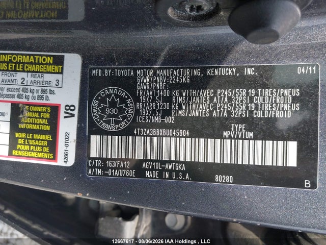 Продажа на аукционе авто 2011 Toyota Venza, vin: 4T3ZA3BBXBU045904, номер лота: 12667617