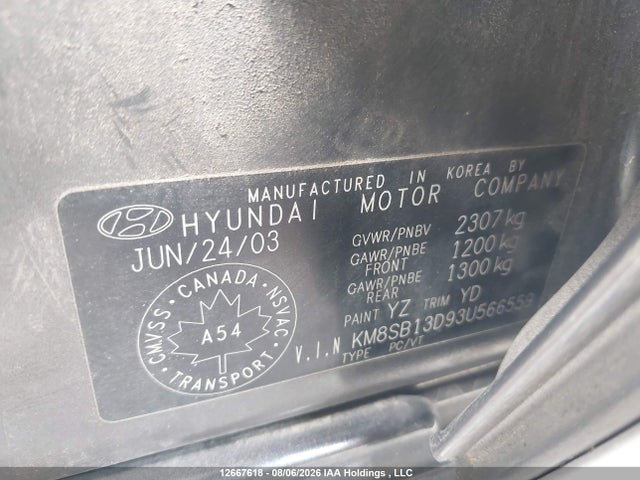 Auction sale of the 2003 Hyundai Santa Fe Gls, vin: KM8SB13D93U566559, lot number: 12667618