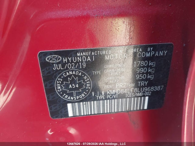 12667626 :رقم المزاد ، KMHD84LF8LU968387 vin ، 2020 Hyundai Elantra مزاد بيع