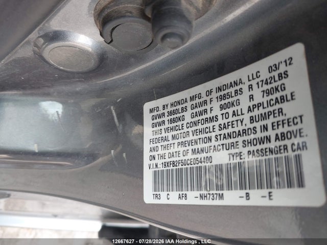 Aukcja sprzedaży 2012 Honda Civic Lx, vin: 19XFB2F50CE054400, numer aukcji: 12667627